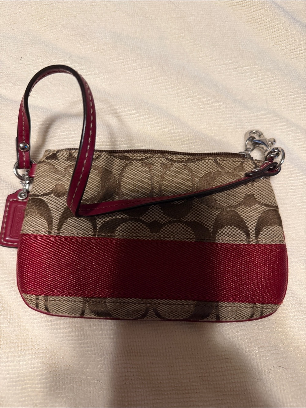 Coach Khaki Signature Canvas Wristlet with Red Accent